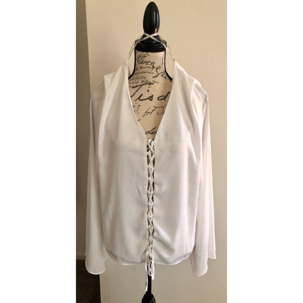 🎃 3/$20 Sheer White Off Shoulder Tunic Blouse Deep V